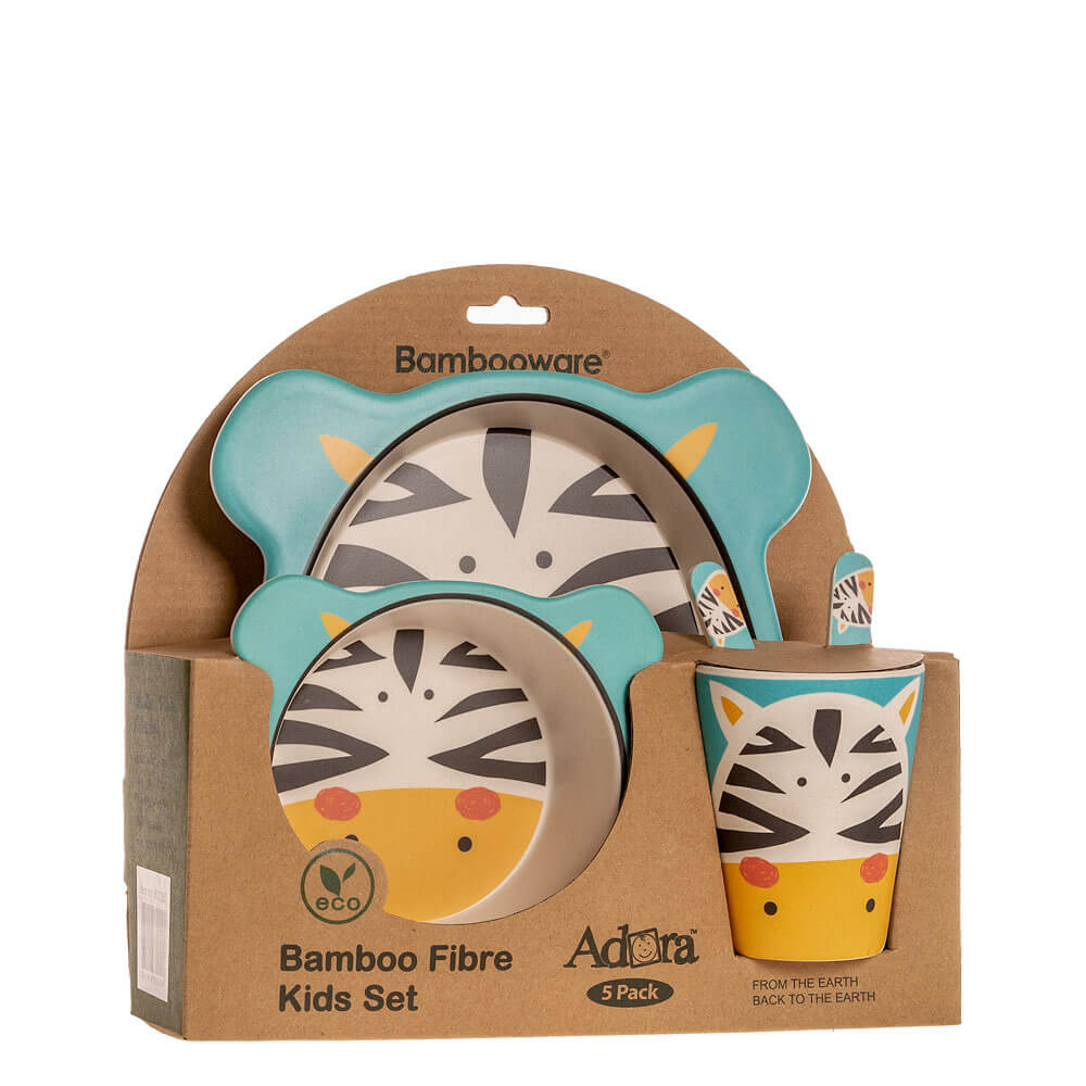 Čuri Muri Bambusa trauku komplekts Zebriņa (bļodiņa, šķīvītis, glāze, karote, dakša)