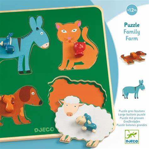 DJ01061 Djeco koka puzle ar skaistu rokturīti - Zvēri ar mazuli no 12 mēn.