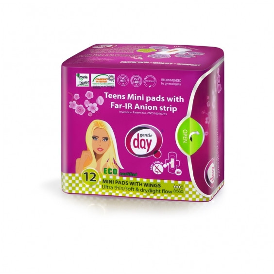 Gentle Day Mini higiēniskās paketes pusaudzēm ar anjona josliņu un spārniņiem lietošanai vieglā periodā, 12 gab., 0235