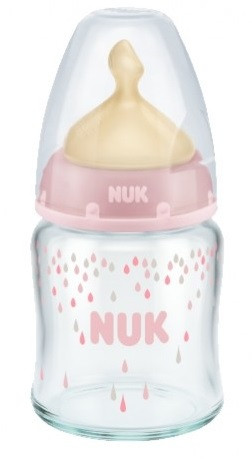 NUK Stikla pudele ar lateksa knupīti - M izmērs, 0 - 6 mēn., 120ml