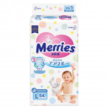MERRIES мягкие подгузники L для малышей 9-14 кг., 54 шт. Произведено в Японии