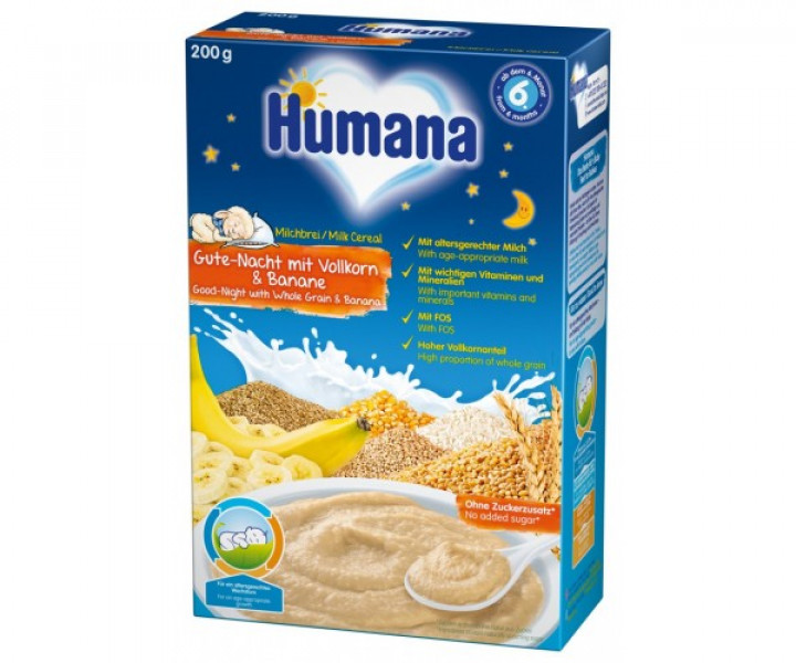 HUMANA Mолочная каша на ноч с цельного зерна и бананов, без добавленного сахара, от 6 месяцев., 200г, 5597