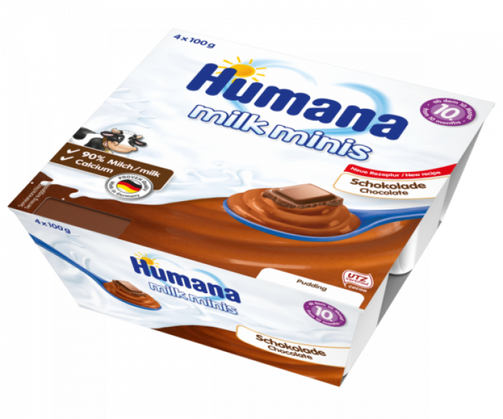 Izpārdošana! HUMANA Milk Minis pudinš ar šokolādi no 10 mēn. vec., 4x100 g (der.t. 01.11.2020)