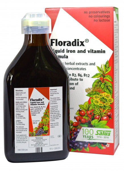 Floradix Dzelzs, šķidrā dzelzs un vitamīnu formula, 500 ml
