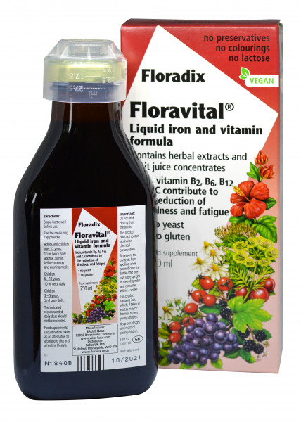 Floradix Dzelzs, šķidrā dzelzs un vitamīnu formula, bez glutēna, bez rauga, 250ml