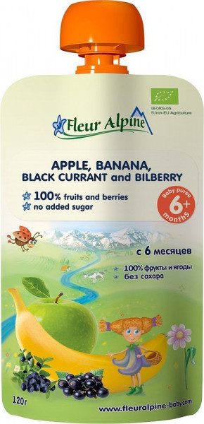 izpārdošana! Fleur Alpine Ābolu, banānu, upeņu un melleņu biezenis no 6mēn, 120g