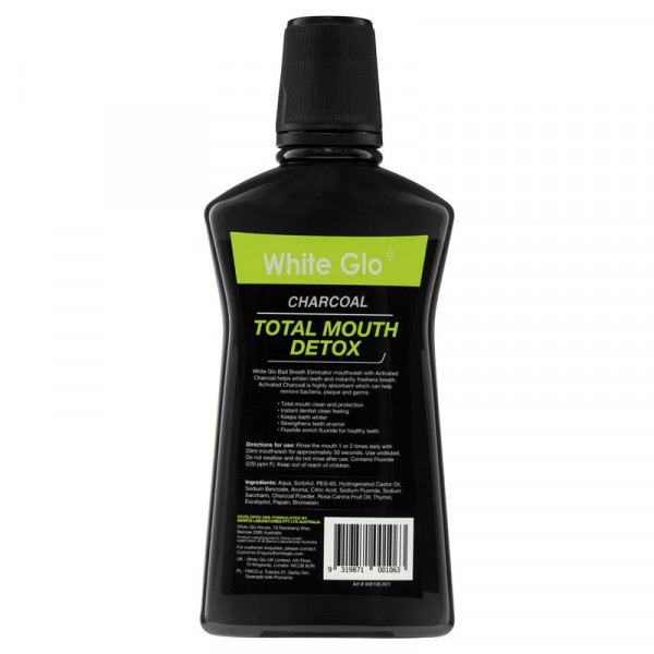 White Glo Total Mouth Detox mutes skalojamais līdzeklis ar aktīvo ogli, 500 ml, ražots Austrālija