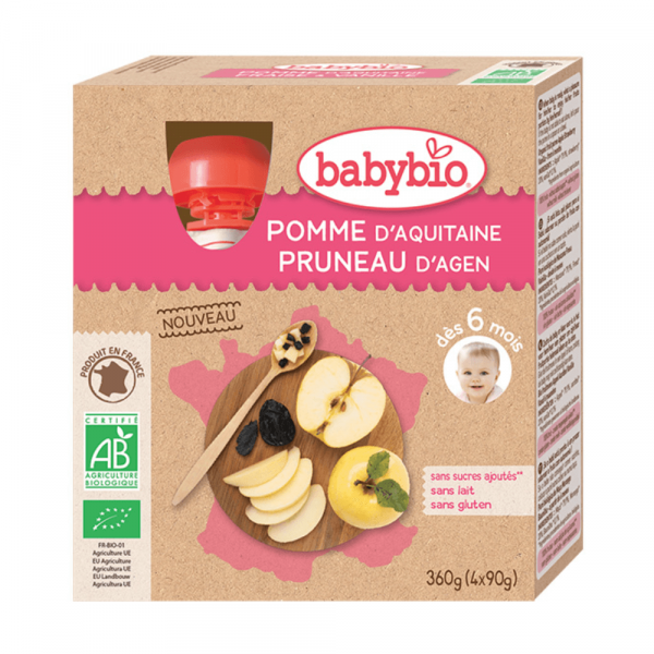 Babybio Biezenis BIO ābolu, žāvētu plūmju 6m+ 4x90g