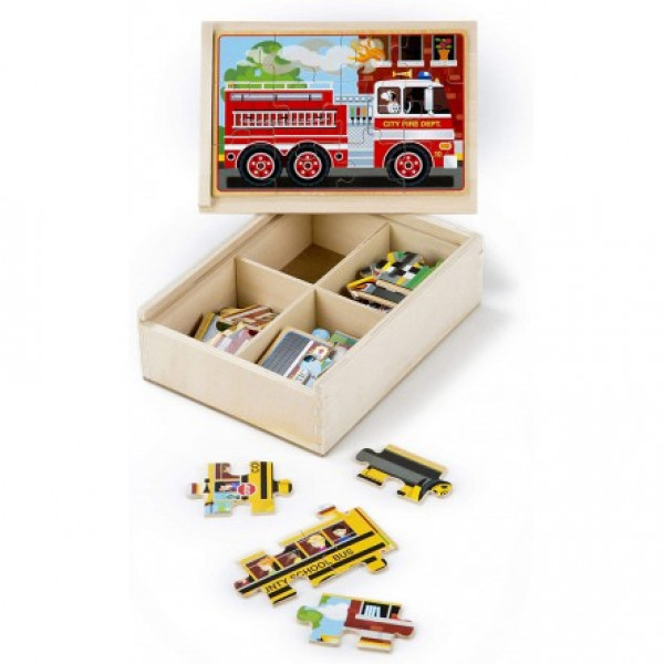 Melissa & Doug četras koka puzlītes- Transports 4x 12 gabaliņi; 13794