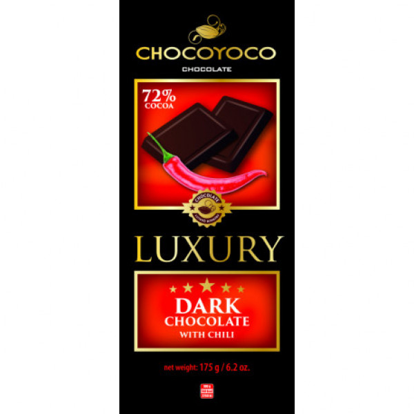 CHOCOYOCO LUXURY 72% tumšā šokolāde ar sarkano piparu, 175 gr