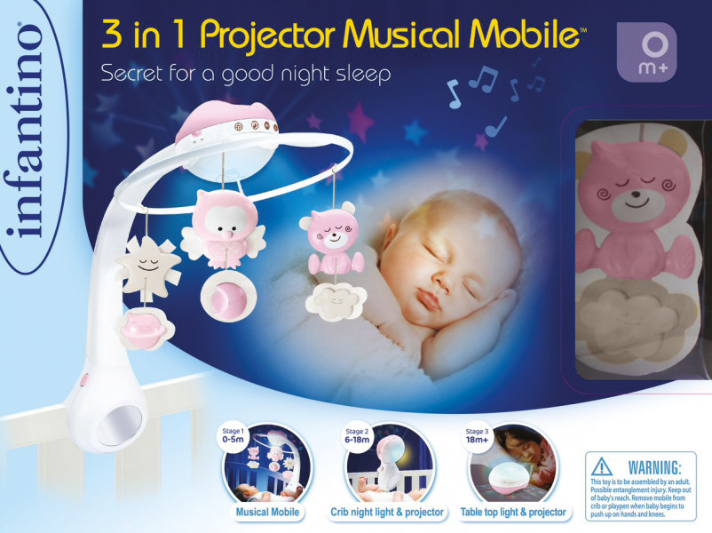 infantino Muzikālais karuselītis bērniņiem (tikai rozā) ar kustību sensoru un 20 min. taimeru