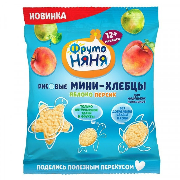 Frutonana rīsu galetes ar āboliem un persikiem no 12 mēn. bez pievienota cukura, 30g