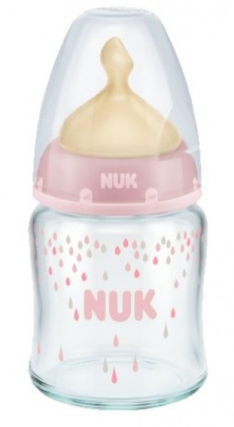 NUK Stikla pudele ar lateksa knupīti - M izmērs, 0 - 6 mēn., 120ml; SK27