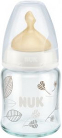 NUK Stikla pudele ar lateksa knupīti - M izmērs, 0 - 6 mēn., 120ml; SK27